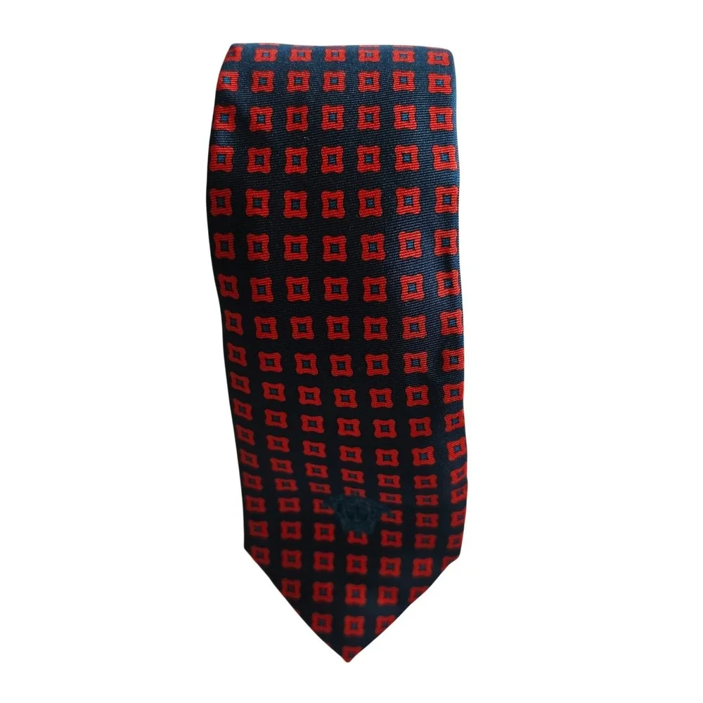Versace Silk Tie Mens One Size Navy Blue Red Geometric Medusa Head Made in Italy